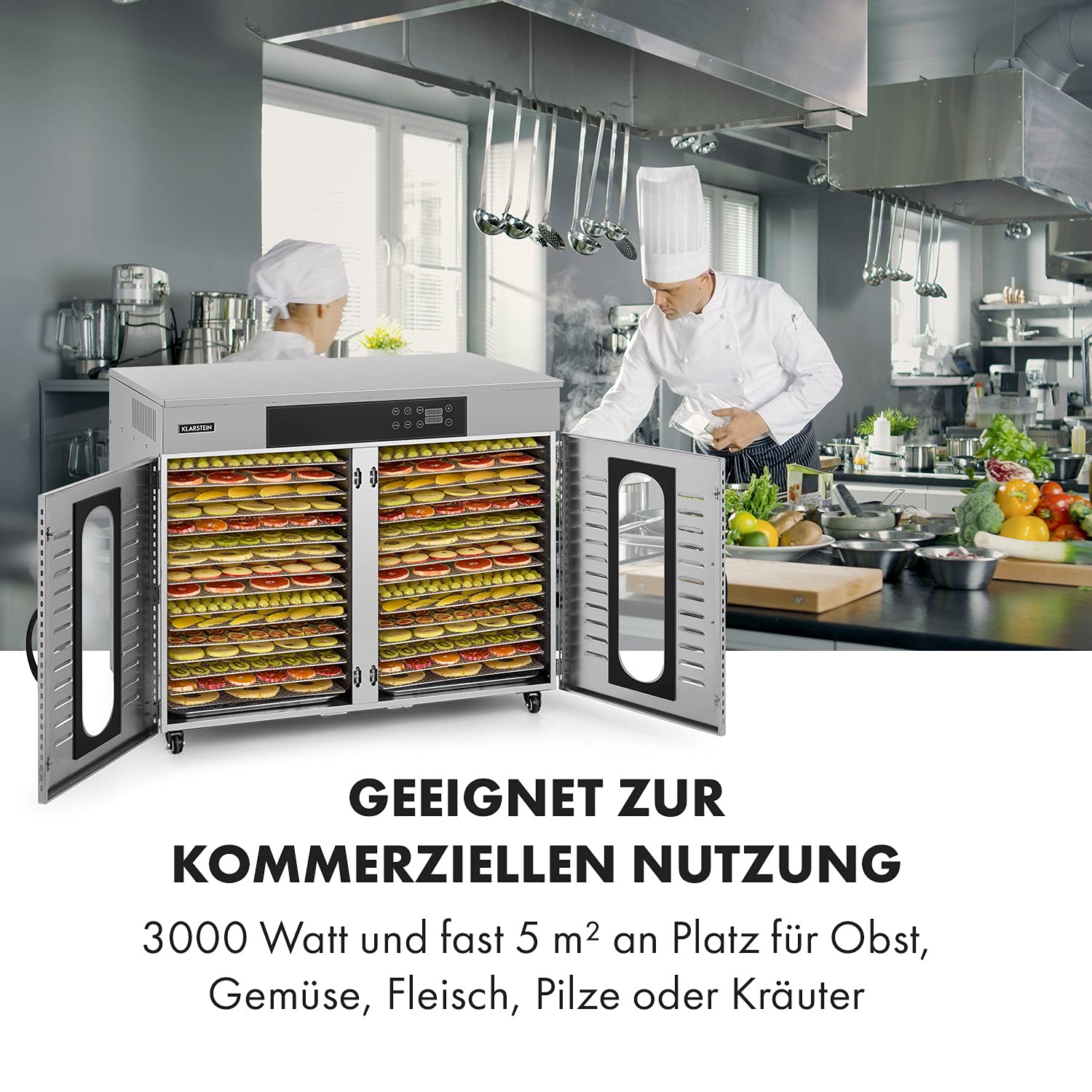 Klarstein Dörrautomat Edelstahl – 4.000-W-Dörrgerät, 48 Edelstahl-Einlegeböden, 30–90 °C, 24-Stunden-Timer, 6 Ventilatoren, 2 Trockenkammern, 50–55 dB, ideal für Obst, Gemüse, Fleisch, Kräuter, Silberk