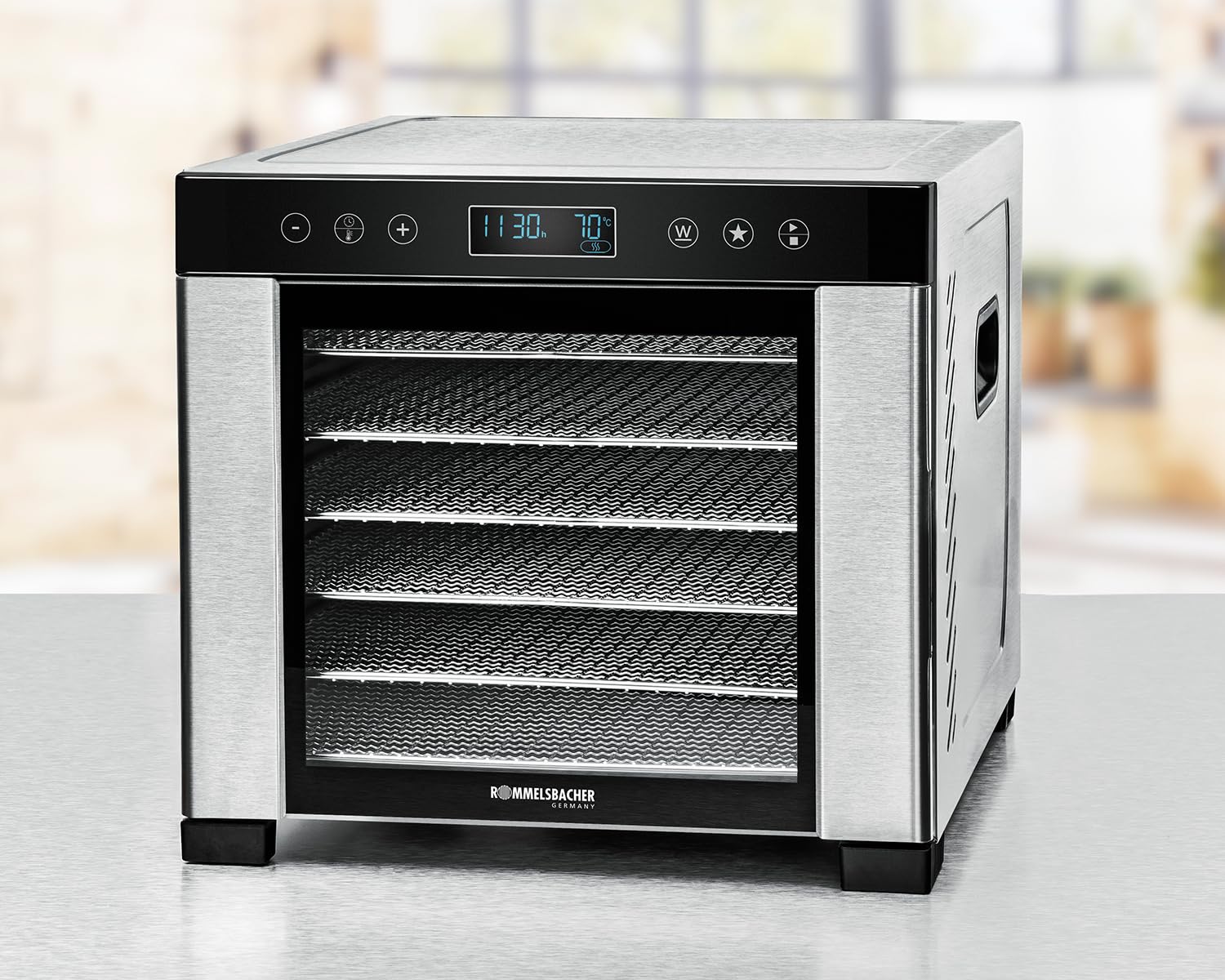ROMMELSBACHER Dörrautomat DA 1000, XXL-Dörrfläche 1,6 m², inkl. 10 Edelstahl-Dörrtabletts, 2 Dörrgitter, 2 Dörrmatten, LED-Display, 24 Std. Zeitschaltuhr, Temperatur einstellbar (35 °C – 75 °C)k