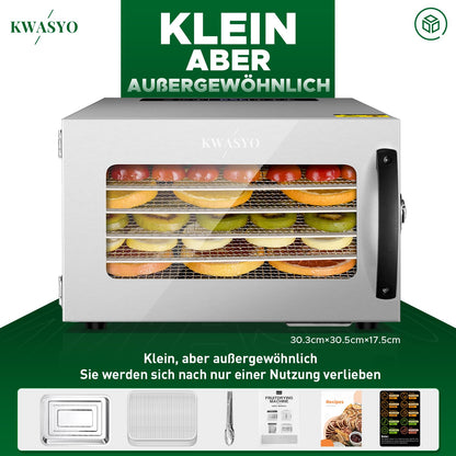 Kwasyo Dörrautomat Edelstahl DA 1000, XXL-Dörrfläche 1,8 m², Dörrgerät Temperatur einstellbar 30-90℃, LED-Display, 24 Std, BPA-frei, mit Rezeptheft, 10 Edelstahl-Dörrtablettsk