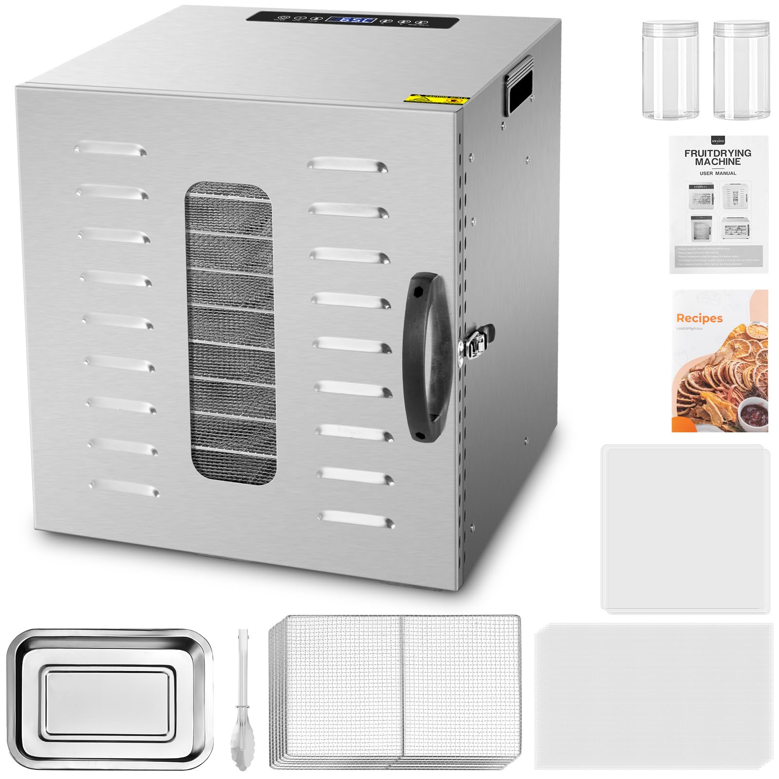 Kwasyo Dörrautomat Edelstahl DA 1000, XXL-Dörrfläche 1,8 m², Dörrgerät Temperatur einstellbar 30-90℃, LED-Display, 24 Std, BPA-frei, mit Rezeptheft, 10 Edelstahl-Dörrtablettsk