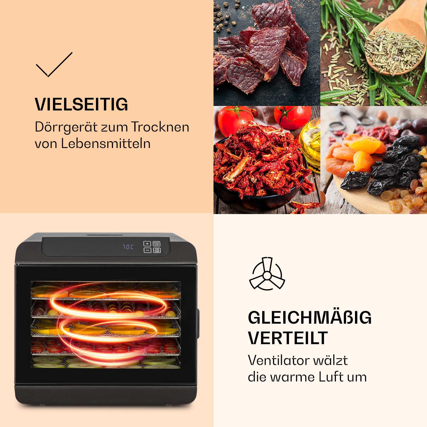 Klarstein Arizona Jerky Dörrautomat - Dörrgerät, Dehydrator, trocknet Obst, Fleisch und Früchte, 500 Watt, 35-70°C, 6 spülmaschinenfeste Einlagefächer, kurze Trockenzeit, Touch-Display, schwarzk