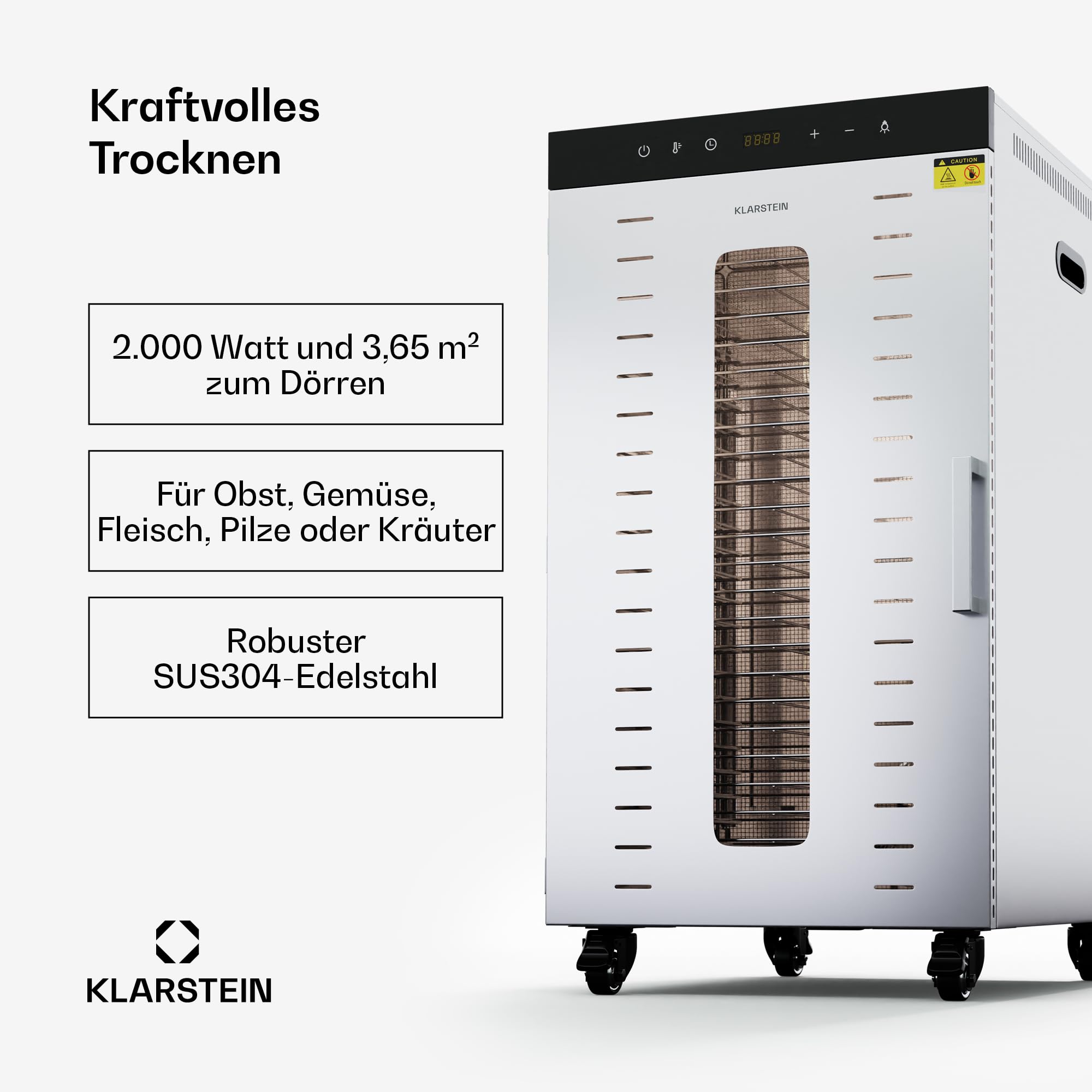 Klarstein Dörrautomat Edelstahl – 4.000-W-Dörrgerät, 48 Edelstahl-Einlegeböden, 30–90 °C, 24-Stunden-Timer, 6 Ventilatoren, 2 Trockenkammern, 50–55 dB, ideal für Obst, Gemüse, Fleisch, Kräuter, Silberk