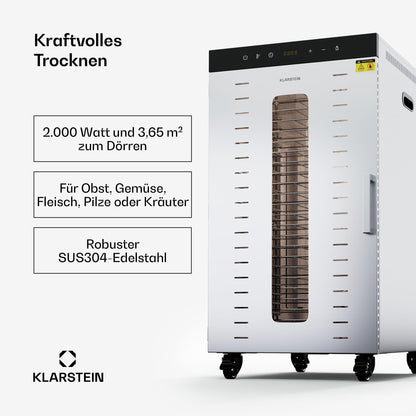Klarstein Dörrautomat Edelstahl – 4.000-W-Dörrgerät, 48 Edelstahl-Einlegeböden, 30–90 °C, 24-Stunden-Timer, 6 Ventilatoren, 2 Trockenkammern, 50–55 dB, ideal für Obst, Gemüse, Fleisch, Kräuter, Silberk
