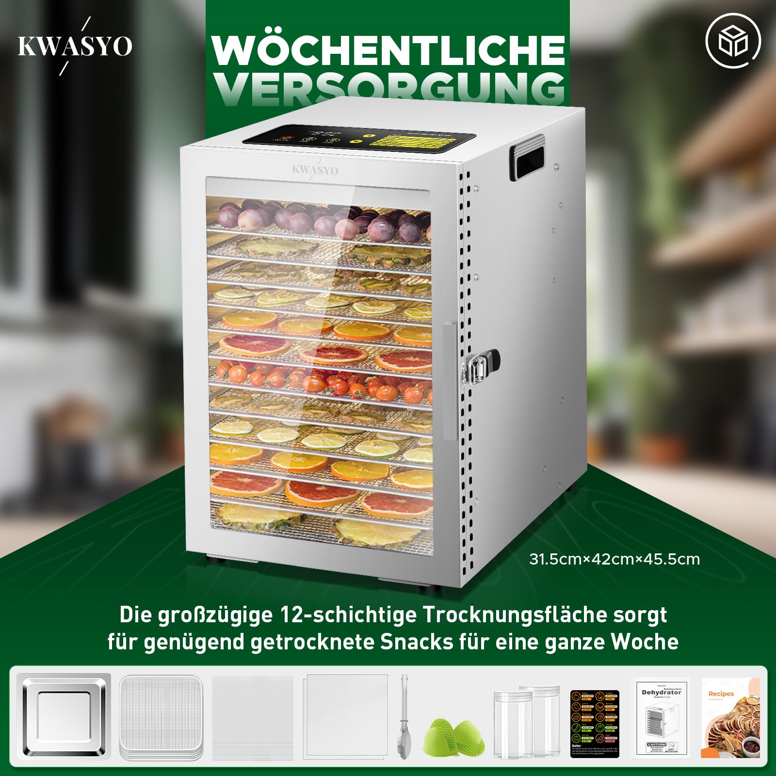 Kwasyo Dehydrator Stainless Steel, Double Fan 360° Efficient Dry, Dehydrator 12 Levels, 20-90°C Temperature Control, 24 Hour Timer, Overheating Protection, Recipe Book for Meat, Fruit, Vegetables,k