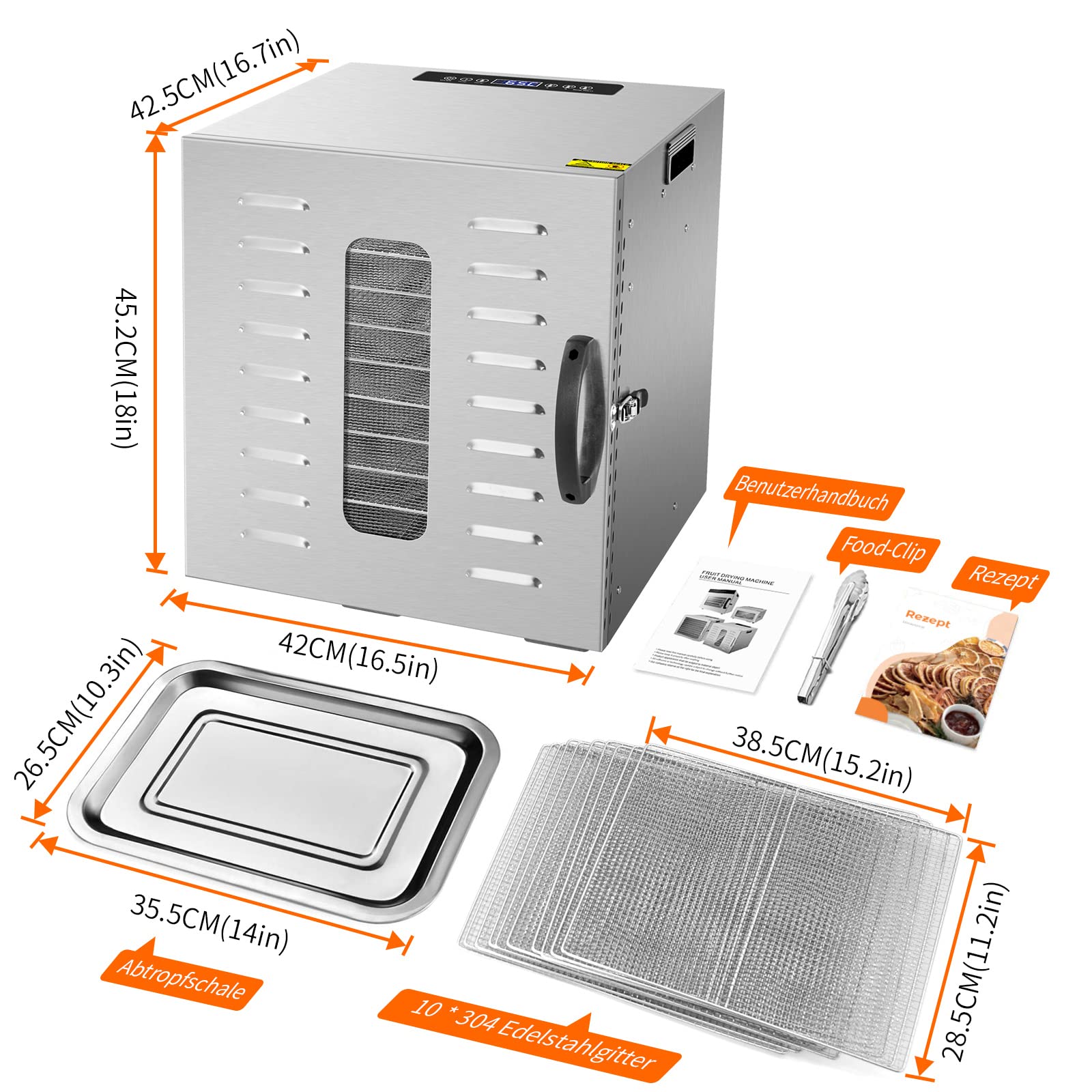 Kwasyo Dörrautomat Edelstahl DA 1000, XXL-Dörrfläche 1,8 m², Dörrgerät Temperatur einstellbar 30-90℃, LED-Display, 24 Std, BPA-frei, mit Rezeptheft, 10 Edelstahl-Dörrtablettsk