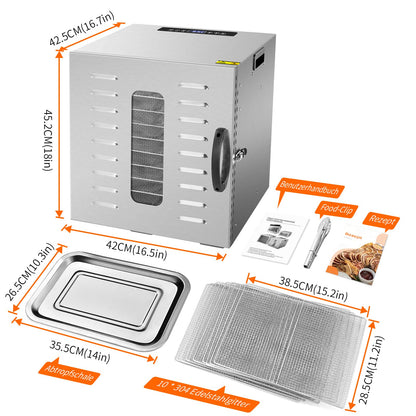 Kwasyo Dörrautomat Edelstahl DA 1000, XXL-Dörrfläche 1,8 m², Dörrgerät Temperatur einstellbar 30-90℃, LED-Display, 24 Std, BPA-frei, mit Rezeptheft, 10 Edelstahl-Dörrtablettsk