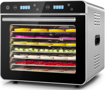 Kwasyo Dörrautomat Edelstahl Trockenkapazität 3,8 kg Rindfleisch, 0,67 m² Trockenfläche, 8 Edelstahl-Dörrtabletts (28x30 cm), 35-85°C Dörrgerät für Hundeleckerlis, Kräuter, Fleisch, Obst, Joghurtk