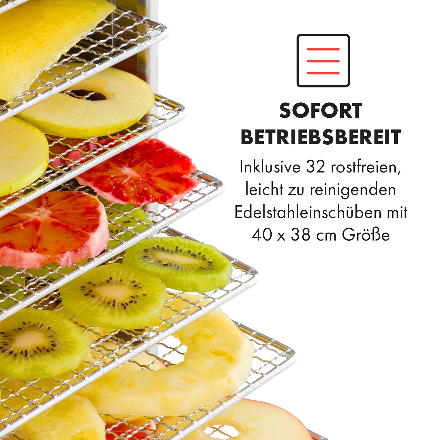 Klarstein Dörrautomat Edelstahl – 4.000-W-Dörrgerät, 48 Edelstahl-Einlegeböden, 30–90 °C, 24-Stunden-Timer, 6 Ventilatoren, 2 Trockenkammern, 50–55 dB, ideal für Obst, Gemüse, Fleisch, Kräuter, Silberk