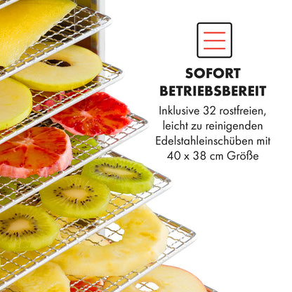Klarstein Dörrautomat Edelstahl – 4.000-W-Dörrgerät, 48 Edelstahl-Einlegeböden, 30–90 °C, 24-Stunden-Timer, 6 Ventilatoren, 2 Trockenkammern, 50–55 dB, ideal für Obst, Gemüse, Fleisch, Kräuter, Silberk