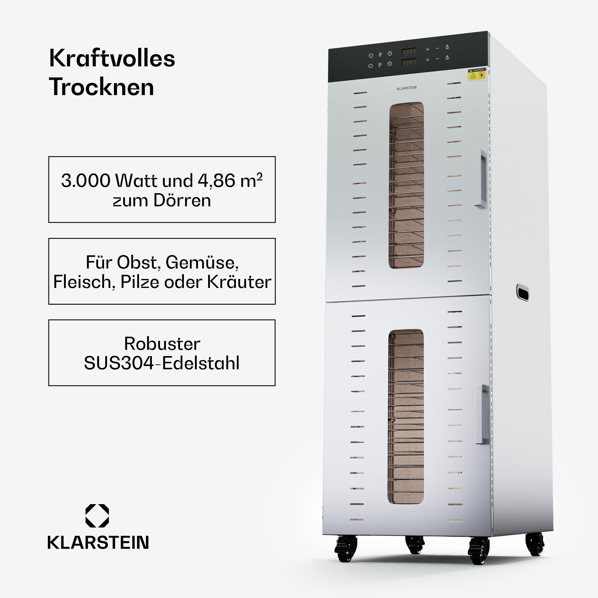 Klarstein Dörrautomat Edelstahl – 4.000-W-Dörrgerät, 48 Edelstahl-Einlegeböden, 30–90 °C, 24-Stunden-Timer, 6 Ventilatoren, 2 Trockenkammern, 50–55 dB, ideal für Obst, Gemüse, Fleisch, Kräuter, Silberk