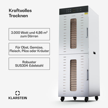 Klarstein Dörrautomat Edelstahl – 4.000-W-Dörrgerät, 48 Edelstahl-Einlegeböden, 30–90 °C, 24-Stunden-Timer, 6 Ventilatoren, 2 Trockenkammern, 50–55 dB, ideal für Obst, Gemüse, Fleisch, Kräuter, Silberk