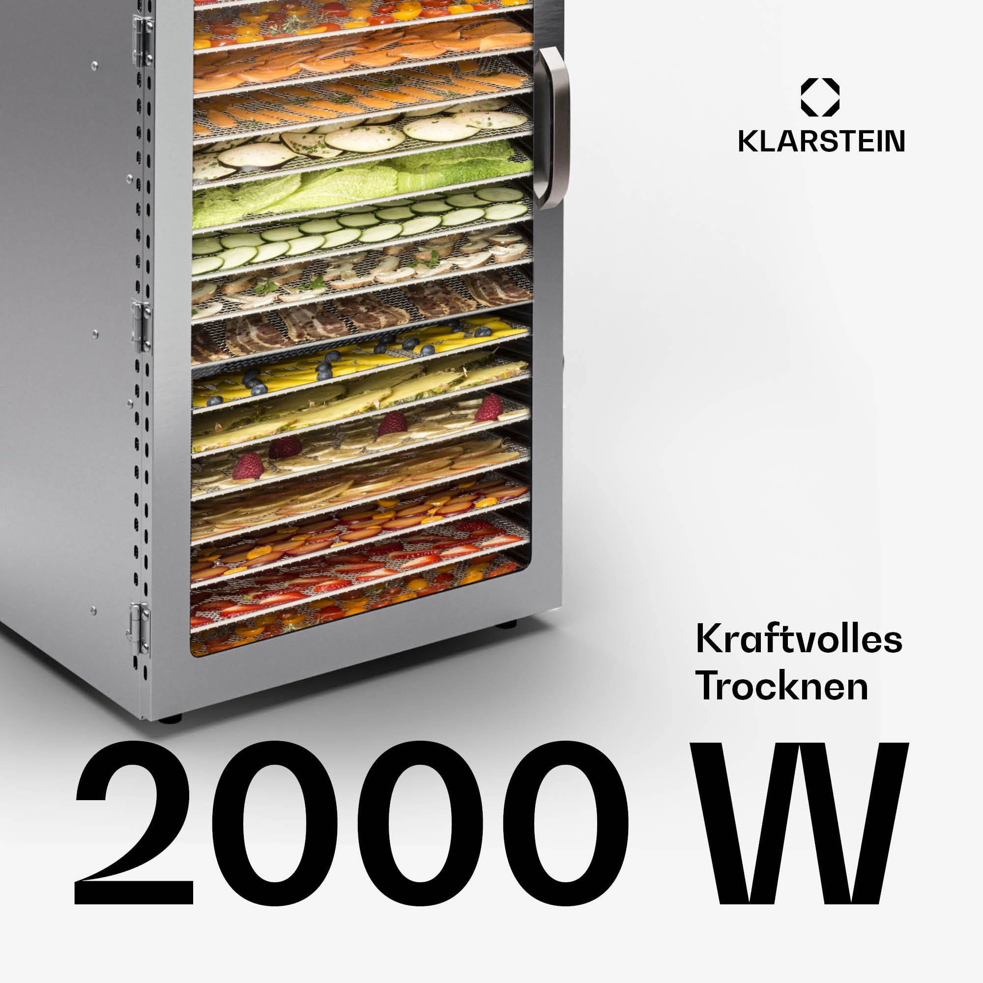 Klarstein Dörrgerät, Dörrautomat für Gemüse, Obst, Pilze & Fleisch, 1500W Edelstahl-Dörrautomat, Trockenautomat mit 16 Metallgitter, Dörrgerät mit 24H Timer & Touch-Display, Food Dehydratork
