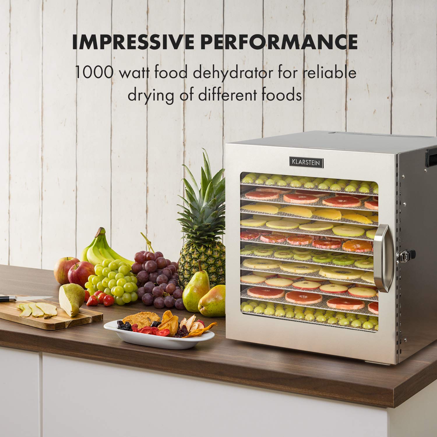 Klarstein Dörrgerät, Dörrautomat für Gemüse, Obst, Pilze & Fleisch, 1500W Edelstahl-Dörrautomat, Trockenautomat mit 16 Metallgitter, Dörrgerät mit 24H Timer & Touch-Display, Food Dehydratork