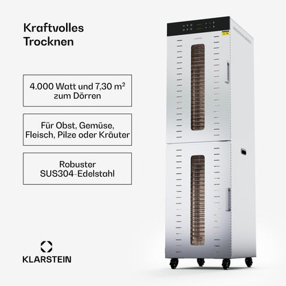 Klarstein Dörrautomat Edelstahl – 4.000-W-Dörrgerät, 48 Edelstahl-Einlegeböden, 30–90 °C, 24-Stunden-Timer, 6 Ventilatoren, 2 Trockenkammern, 50–55 dB, ideal für Obst, Gemüse, Fleisch, Kräuter, Silberk