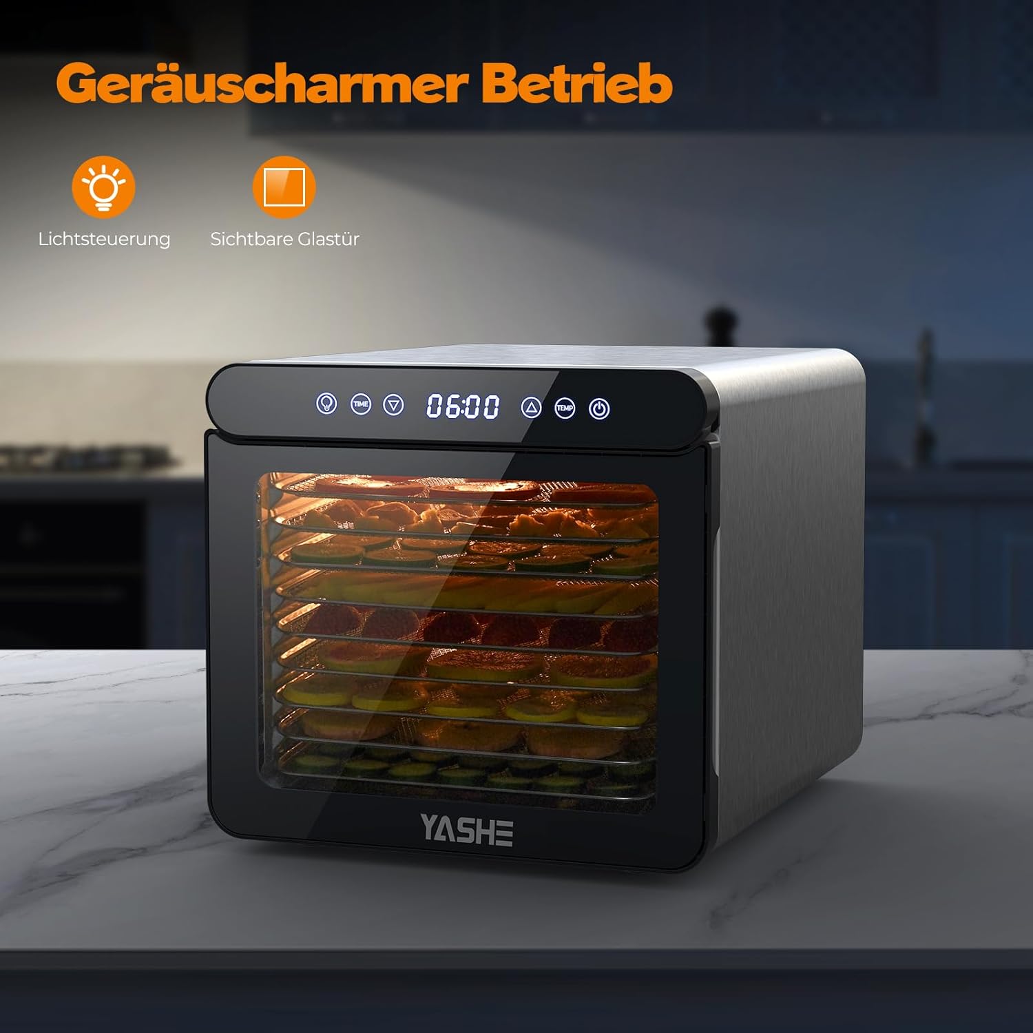 YASHE Stainless Steel Dehydrator with Digital Control (Temperature up to 75°C, Timer up to 48 Hours), 9 Trays Dehydrator for Fruit and Vegetables, Rear Fan for 360° Air Circulation, 800 Wk