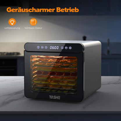 YASHE Stainless Steel Dehydrator with Digital Control (Temperature up to 75°C, Timer up to 48 Hours), 9 Trays Dehydrator for Fruit and Vegetables, Rear Fan for 360° Air Circulation, 800 Wk