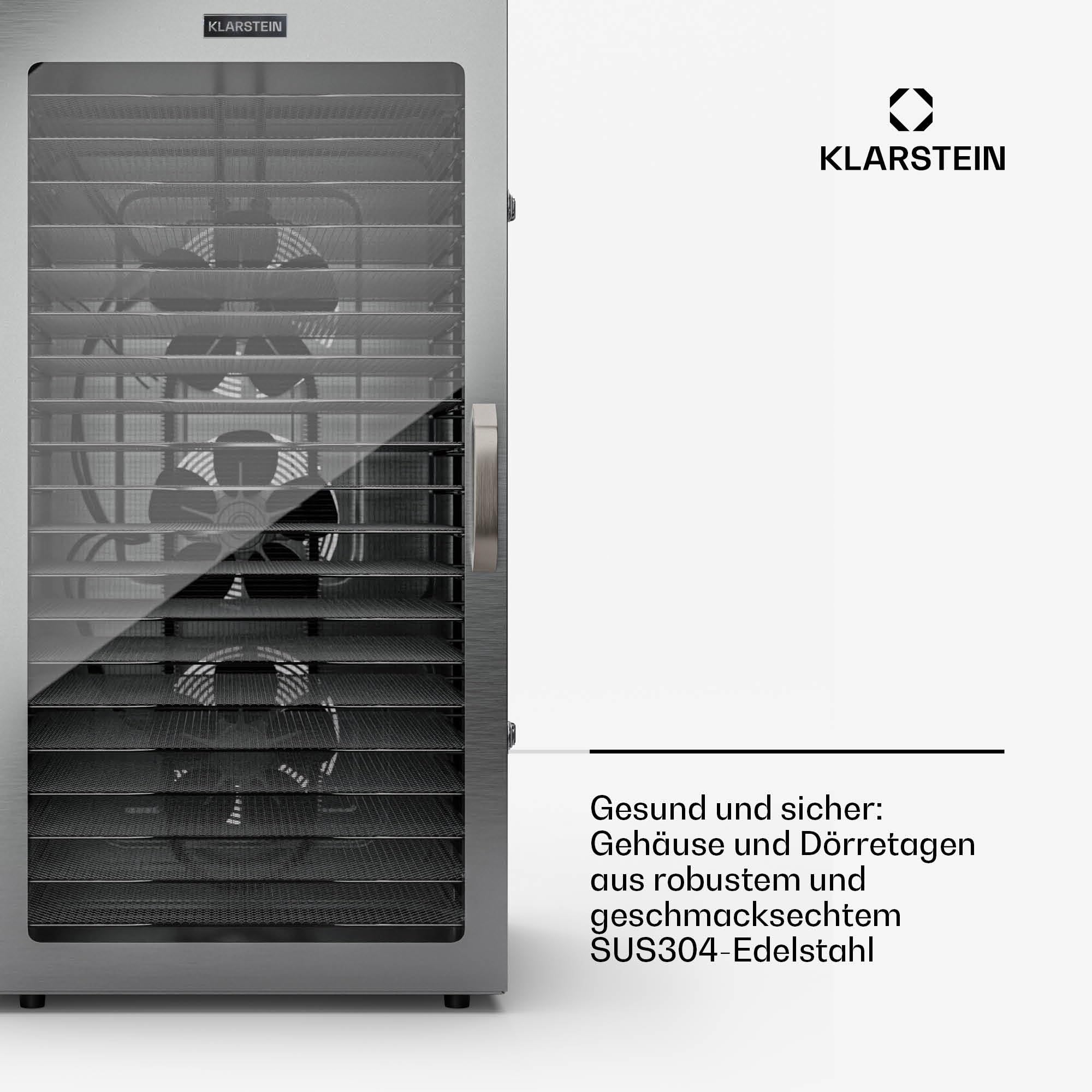 Klarstein Dörrgerät, Dörrautomat für Gemüse, Obst, Pilze & Fleisch, 1500W Edelstahl-Dörrautomat, Trockenautomat mit 16 Metallgitter, Dörrgerät mit 24H Timer & Touch-Display, Food Dehydratork