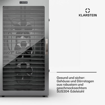 Klarstein Dörrgerät, Dörrautomat für Gemüse, Obst, Pilze & Fleisch, 1500W Edelstahl-Dörrautomat, Trockenautomat mit 16 Metallgitter, Dörrgerät mit 24H Timer & Touch-Display, Food Dehydratork