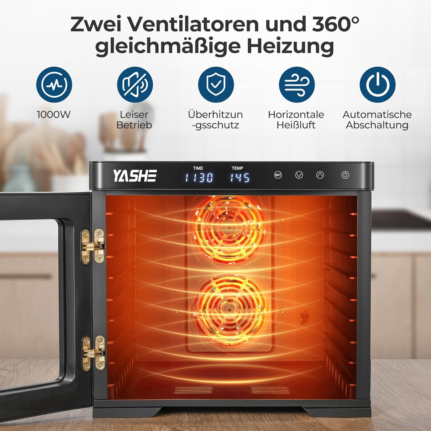 Edelstahl Dörrautomat, 1000W Dörrgerät für Obst und Gemüse mit LED-Anzeige, präziser Temperaturregelung (35-75°C), 48-Stunden-Timer, 9 Edelstahlschalen, 2 Maschensiebe, 1 Schale für Obstrollenk