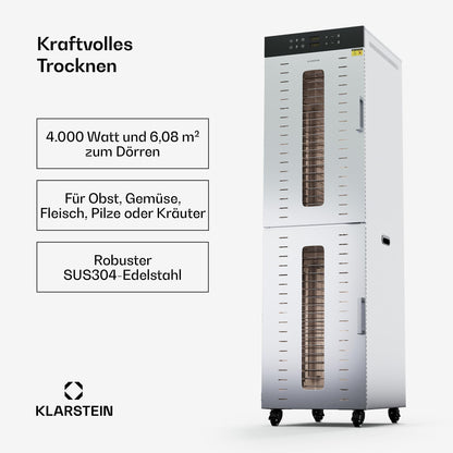Klarstein Dörrautomat Edelstahl – 4.000-W-Dörrgerät, 48 Edelstahl-Einlegeböden, 30–90 °C, 24-Stunden-Timer, 6 Ventilatoren, 2 Trockenkammern, 50–55 dB, ideal für Obst, Gemüse, Fleisch, Kräuter, Silberk