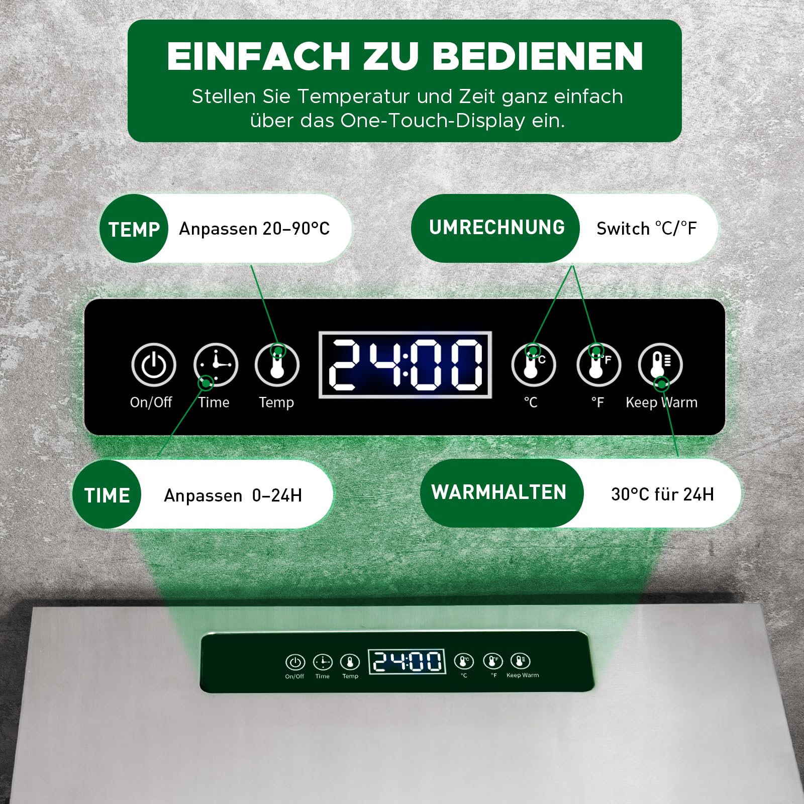 Kwasyo Dörrautomat Edelstahl DA 1000, XXL-Dörrfläche 1,8 m², Dörrgerät Temperatur einstellbar 30-90℃, LED-Display, 24 Std, BPA-frei, mit Rezeptheft, 10 Edelstahl-Dörrtablettsk