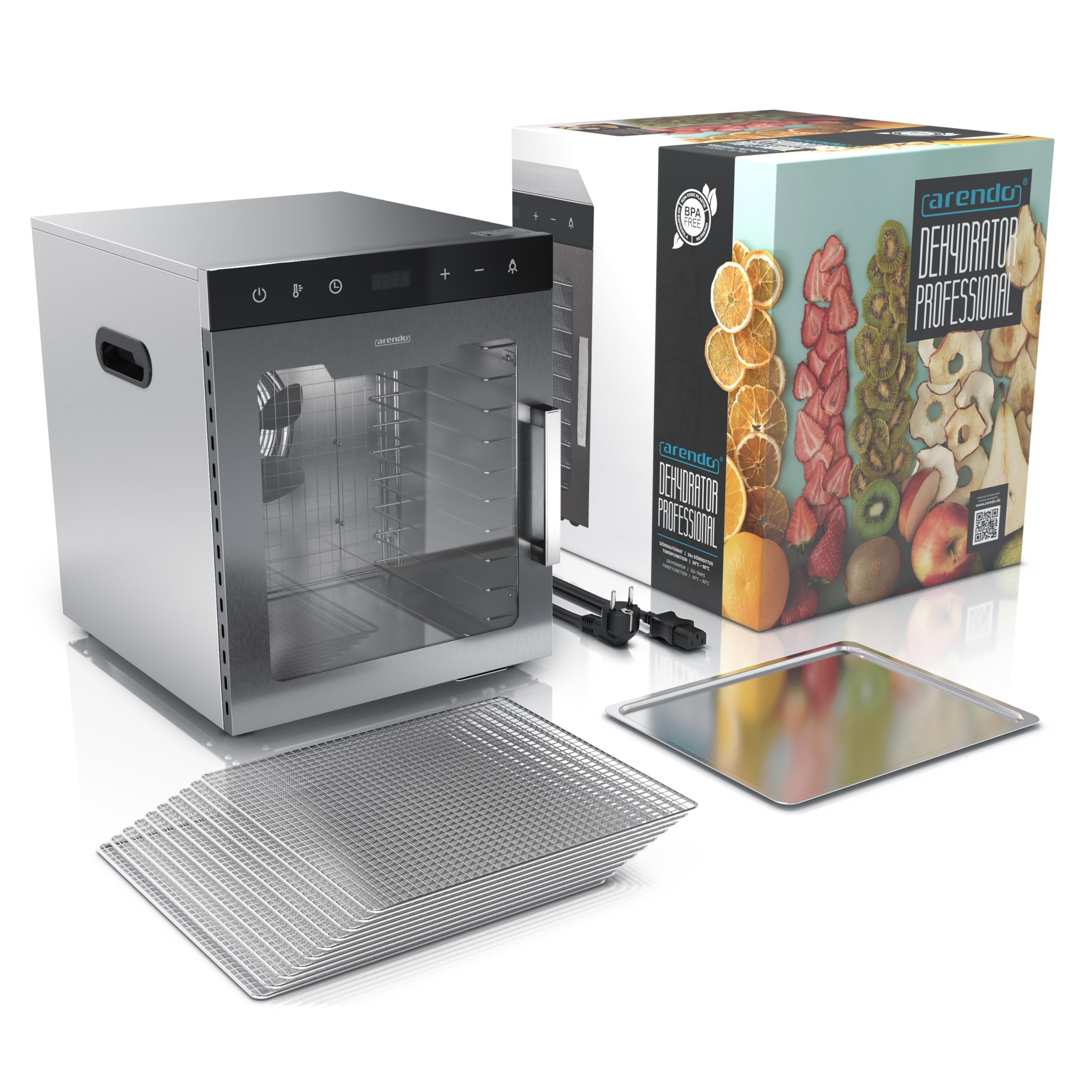 Arendo - Stainless steel dehydrator 8-fold - 500 watts with temperature control - dehydrator for food meat fruits fruit mushrooms - timer up to 24 hours - 8 compartments - GS - dehydratork