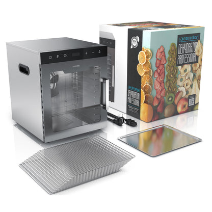 Arendo - Stainless steel dehydrator 8-fold - 500 watts with temperature control - dehydrator for food meat fruits fruit mushrooms - timer up to 24 hours - 8 compartments - GS - dehydratork