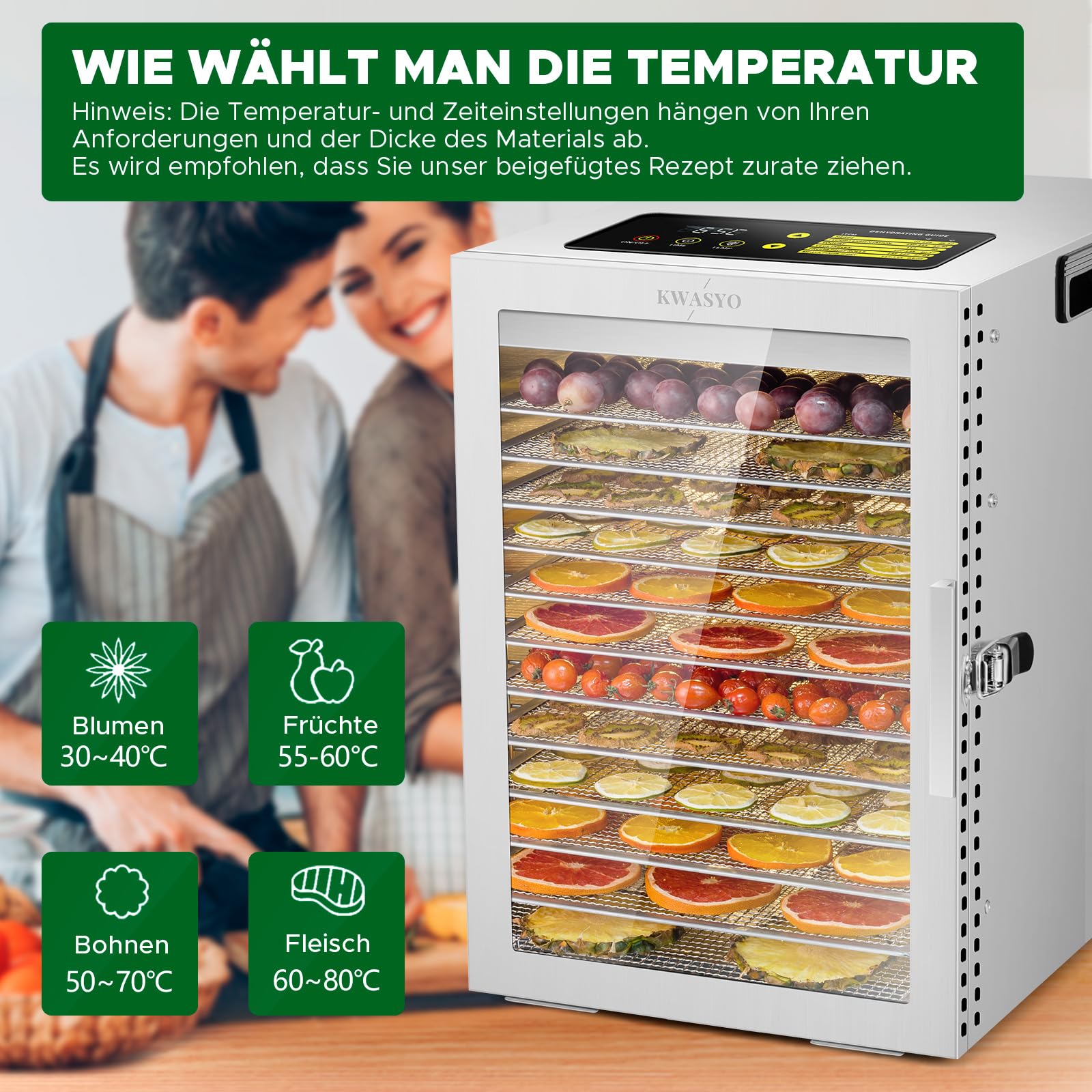 Kwasyo Dehydrator Stainless Steel, Double Fan 360° Efficient Dry, Dehydrator 12 Levels, 20-90°C Temperature Control, 24 Hour Timer, Overheating Protection, Recipe Book for Meat, Fruit, Vegetables,k