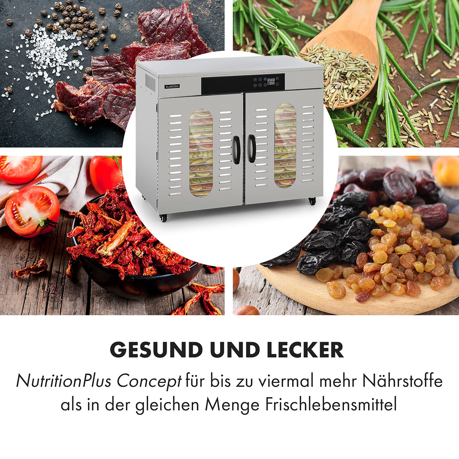 Klarstein Dörrautomat Edelstahl – 4.000-W-Dörrgerät, 48 Edelstahl-Einlegeböden, 30–90 °C, 24-Stunden-Timer, 6 Ventilatoren, 2 Trockenkammern, 50–55 dB, ideal für Obst, Gemüse, Fleisch, Kräuter, Silberk