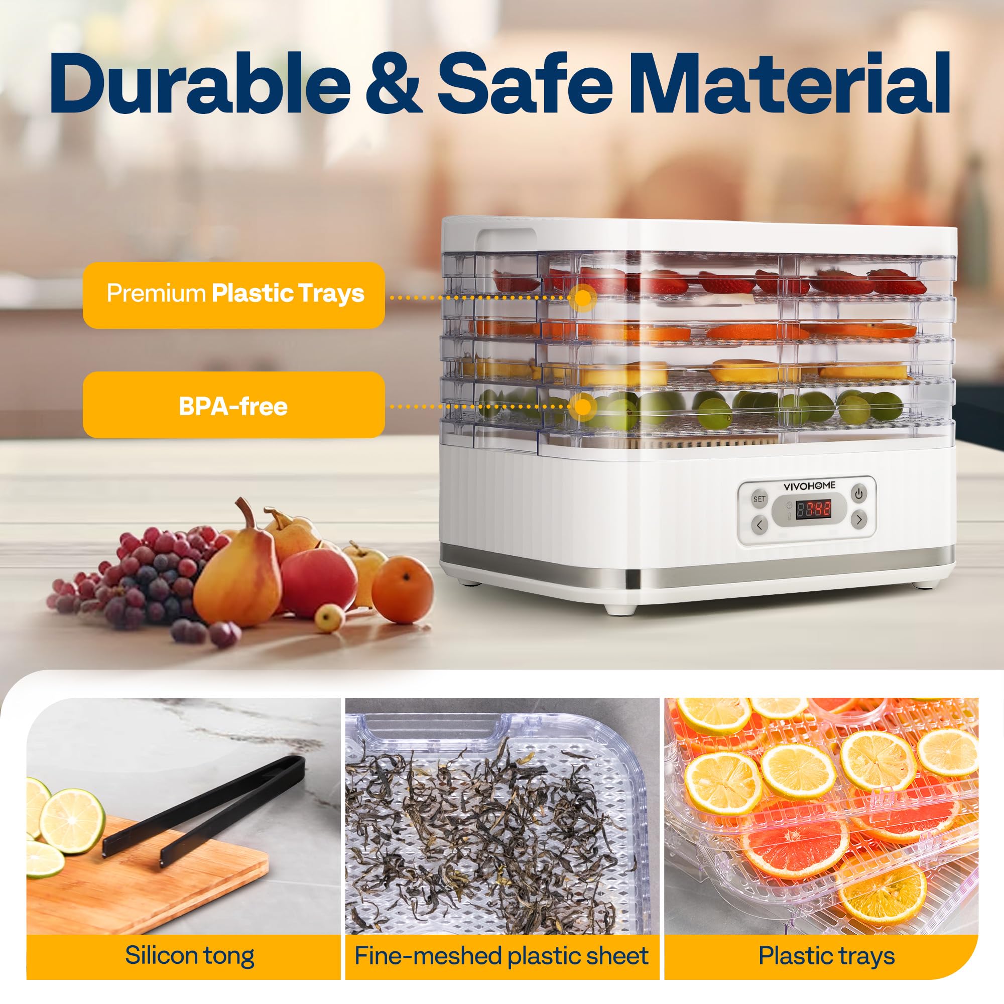 VIVOHOME Dörrautomat mit 8 Einlegefächern 400W BPA frei Dörrgerät mit Temperaturregler von 35°C bis 70°C inkl.72H Timer und Rezept für Fleisch,Obst,Haustier-Leckereienek