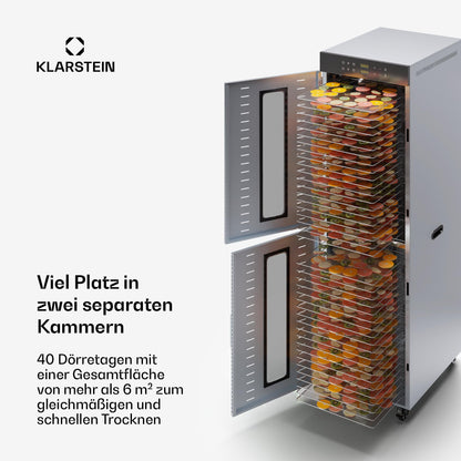 Klarstein Dörrautomat Edelstahl – 4.000-W-Dörrgerät, 48 Edelstahl-Einlegeböden, 30–90 °C, 24-Stunden-Timer, 6 Ventilatoren, 2 Trockenkammern, 50–55 dB, ideal für Obst, Gemüse, Fleisch, Kräuter, Silberk