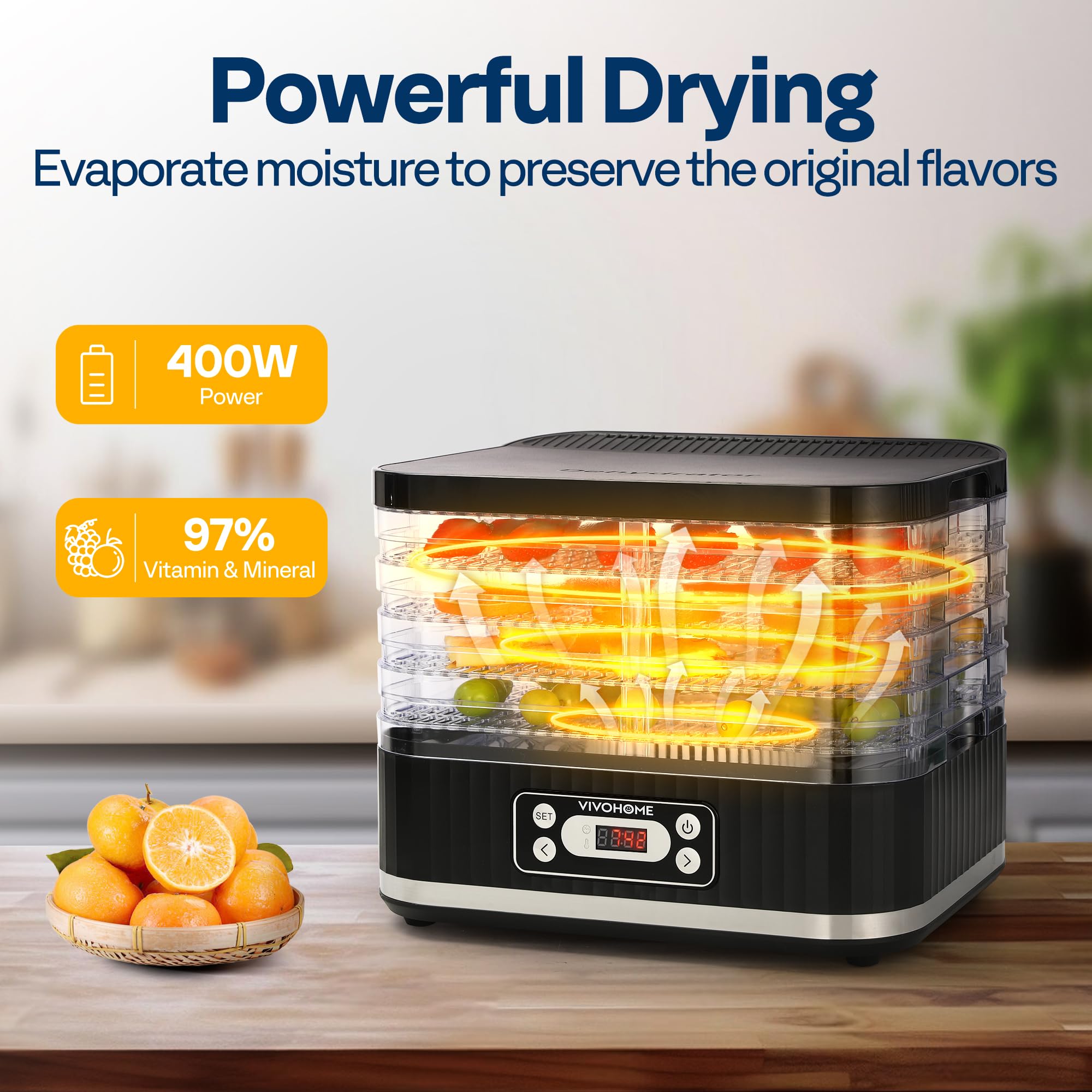 VIVOHOME Dörrautomat mit 8 Einlegefächern 400W BPA frei Dörrgerät mit Temperaturregler von 35°C bis 70°C inkl.72H Timer und Rezept für Fleisch,Obst,Haustier-Leckereienek
