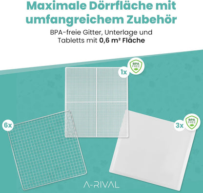 A-rival Dehydrator, Stainless Steel Dehydrator, Touch Control, Professional Dehydrator Stainless Steel, 24 Hour Timer, 6 Drying Trays + 3 Drying Mats, BPA-Free, 35 °C to 75 °C, Quiet Operation, 360°k