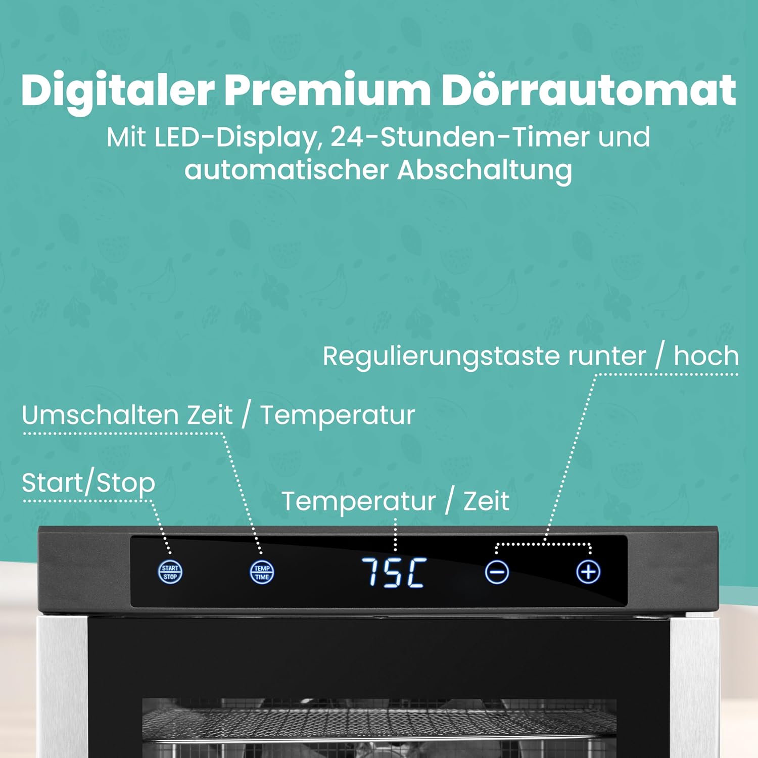 A-rival Dehydrator, Stainless Steel Dehydrator, Touch Control, Professional Dehydrator Stainless Steel, 24 Hour Timer, 6 Drying Trays + 3 Drying Mats, BPA-Free, 35 °C to 75 °C, Quiet Operation, 360°k
