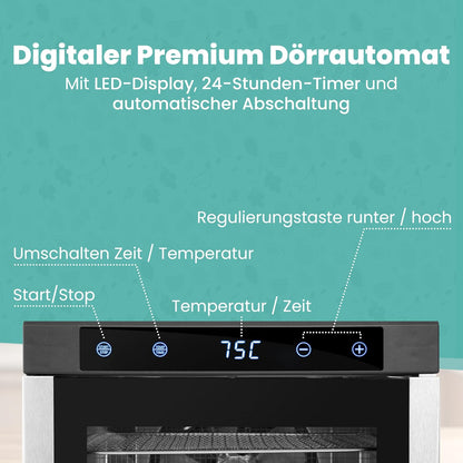 A-rival Dehydrator, Stainless Steel Dehydrator, Touch Control, Professional Dehydrator Stainless Steel, 24 Hour Timer, 6 Drying Trays + 3 Drying Mats, BPA-Free, 35 °C to 75 °C, Quiet Operation, 360°k