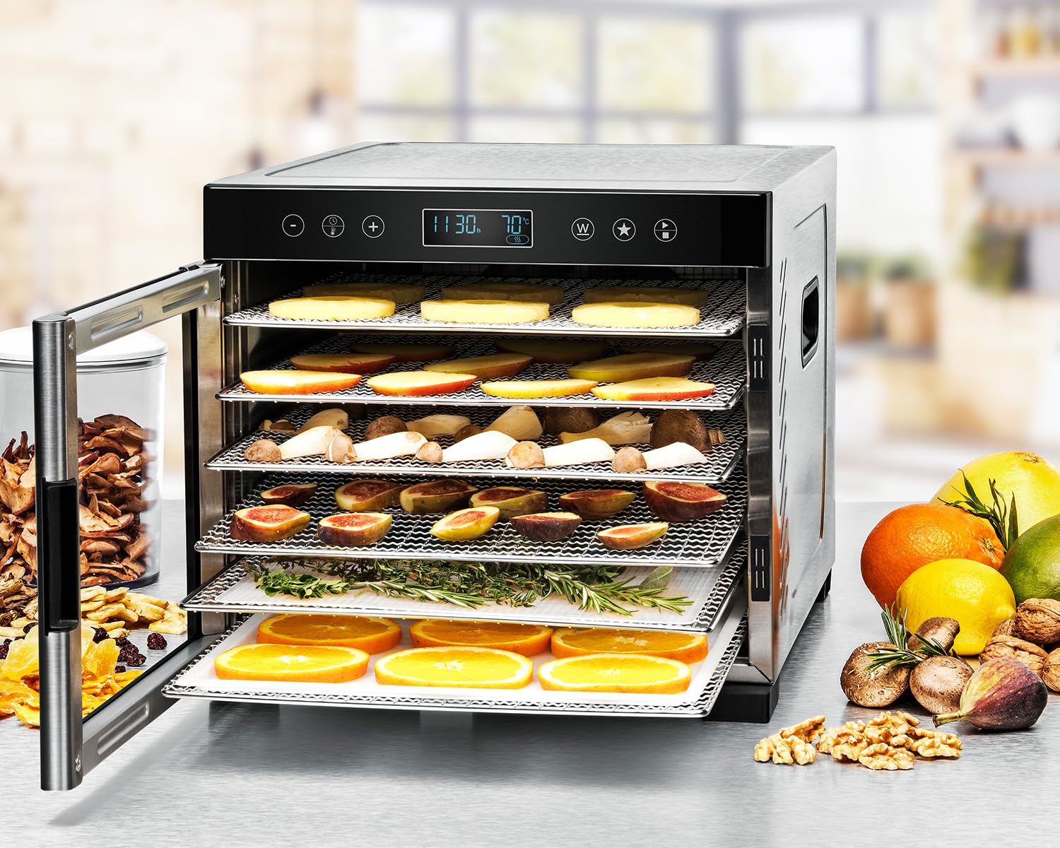 ROMMELSBACHER Dörrautomat DA 1000, XXL-Dörrfläche 1,6 m², inkl. 10 Edelstahl-Dörrtabletts, 2 Dörrgitter, 2 Dörrmatten, LED-Display, 24 Std. Zeitschaltuhr, Temperatur einstellbar (35 °C – 75 °C)k