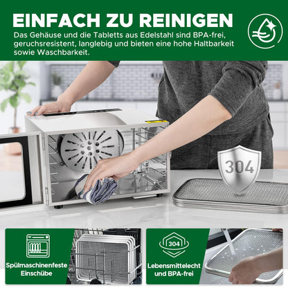 Kwasyo Dörrautomat Edelstahl DA 1000, XXL-Dörrfläche 1,8 m², Dörrgerät Temperatur einstellbar 30-90℃, LED-Display, 24 Std, BPA-frei, mit Rezeptheft, 10 Edelstahl-Dörrtablettsk