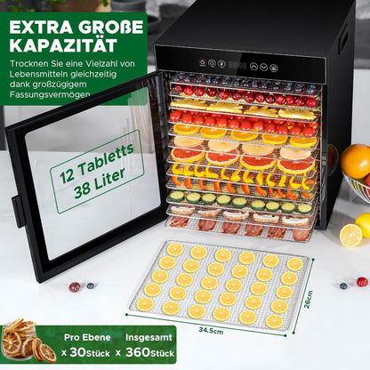 Kwasyo Dörrautomat Edelstahl, Dörrgerät 12 Etagen Ganz in Schwarz, 30-90℃ Temperaturregelung, 24 Stunden Timer, Rezeptheft für Fleisch Obst Gemüse Kräuter, 1000W, LT-09k