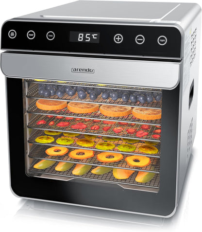 Arendo - Dörrautomat Edelstahl mit 8 Edelstahlgitter - 700 W - 35°-85°C - 8 Edelstahl Einlegetabletts mit insgesamt 6700 cm² - Dörrgerät Dehydrator Obsttrockner Dörrapparat - Obst Fleisch Pilze uvmk