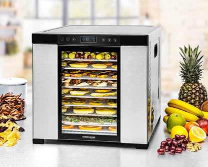 ROMMELSBACHER Dörrautomat DA 1000, XXL-Dörrfläche 1,6 m², inkl. 10 Edelstahl-Dörrtabletts, 2 Dörrgitter, 2 Dörrmatten, LED-Display, 24 Std. Zeitschaltuhr, Temperatur einstellbar (35 °C – 75 °C)k