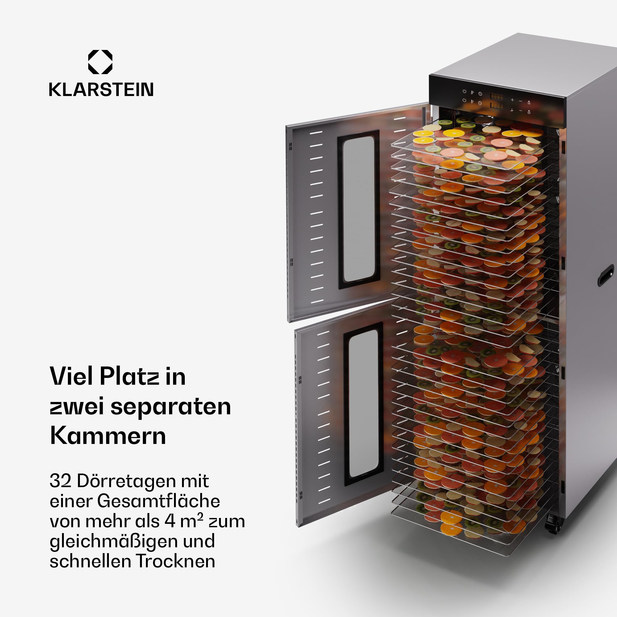 Klarstein Dörrautomat Edelstahl – 4.000-W-Dörrgerät, 48 Edelstahl-Einlegeböden, 30–90 °C, 24-Stunden-Timer, 6 Ventilatoren, 2 Trockenkammern, 50–55 dB, ideal für Obst, Gemüse, Fleisch, Kräuter, Silberk