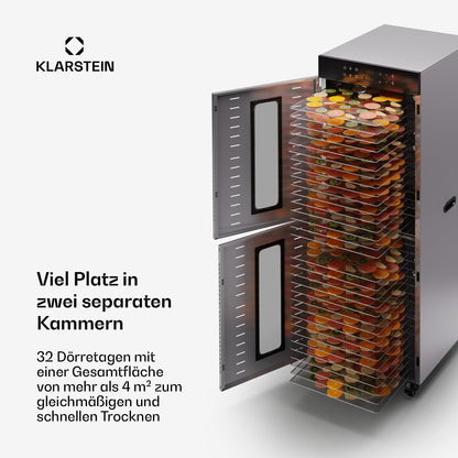Klarstein Dörrautomat Edelstahl – 4.000-W-Dörrgerät, 48 Edelstahl-Einlegeböden, 30–90 °C, 24-Stunden-Timer, 6 Ventilatoren, 2 Trockenkammern, 50–55 dB, ideal für Obst, Gemüse, Fleisch, Kräuter, Silberk
