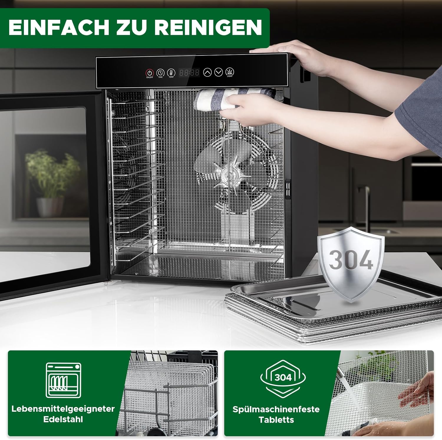 Kwasyo Dörrautomat Edelstahl, Dörrgerät 12 Etagen Ganz in Schwarz, 30-90℃ Temperaturregelung, 24 Stunden Timer, Rezeptheft für Fleisch Obst Gemüse Kräuter, 1000W, LT-09k
