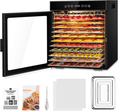 Kwasyo Dörrautomat Edelstahl, Dörrgerät 12 Etagen Ganz in Schwarz, 30-90℃ Temperaturregelung, 24 Stunden Timer, Rezeptheft für Fleisch Obst Gemüse Kräuter, 1000W, LT-09k