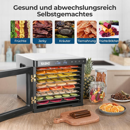 Edelstahl Dörrautomat, 1000W Dörrgerät für Obst und Gemüse mit LED-Anzeige, präziser Temperaturregelung (35-75°C), 48-Stunden-Timer, 9 Edelstahlschalen, 2 Maschensiebe, 1 Schale für Obstrollenk