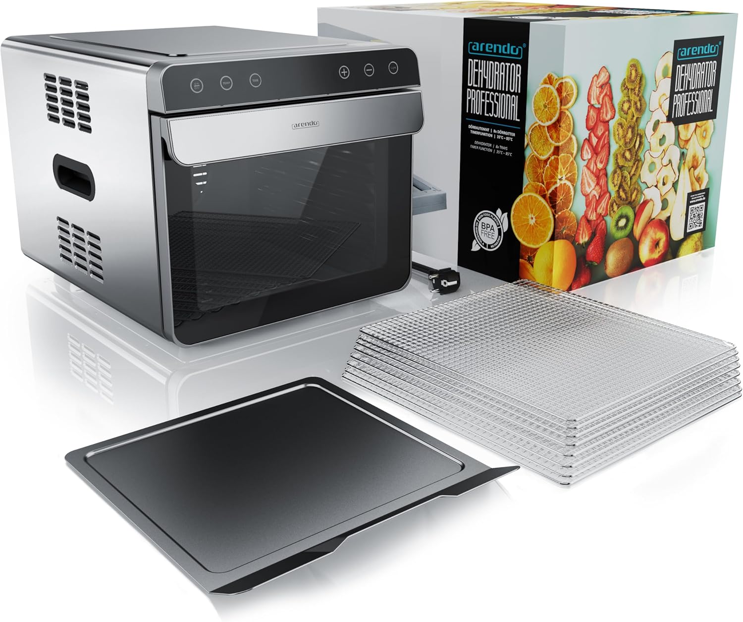Arendo - Dörrautomat Edelstahl mit 8 Edelstahlgitter - 700 W - 35°-85°C - 8 Edelstahl Einlegetabletts mit insgesamt 6700 cm² - Dörrgerät Dehydrator Obsttrockner Dörrapparat - Obst Fleisch Pilze uvmk