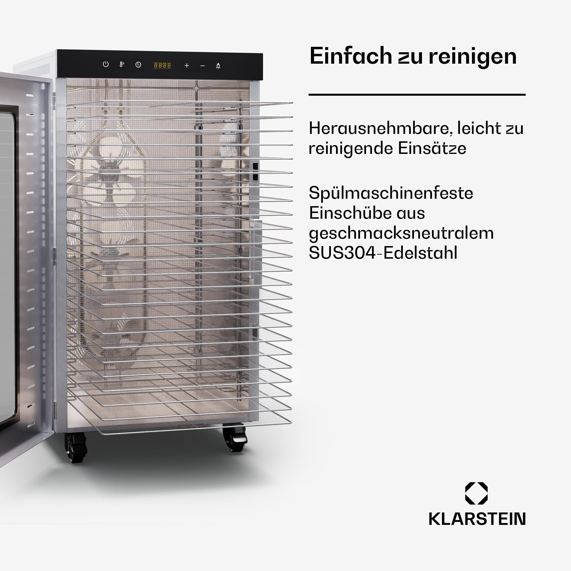 Klarstein Dörrautomat Edelstahl – 4.000-W-Dörrgerät, 48 Edelstahl-Einlegeböden, 30–90 °C, 24-Stunden-Timer, 6 Ventilatoren, 2 Trockenkammern, 50–55 dB, ideal für Obst, Gemüse, Fleisch, Kräuter, Silberk