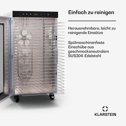 Klarstein Dörrautomat Edelstahl – 4.000-W-Dörrgerät, 48 Edelstahl-Einlegeböden, 30–90 °C, 24-Stunden-Timer, 6 Ventilatoren, 2 Trockenkammern, 50–55 dB, ideal für Obst, Gemüse, Fleisch, Kräuter, Silberk