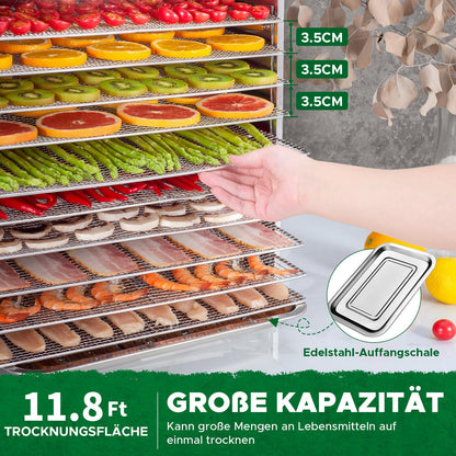 Kwasyo Dörrautomat Edelstahl DA 1000, XXL-Dörrfläche 1,8 m², Dörrgerät Temperatur einstellbar 30-90℃, LED-Display, 24 Std, BPA-frei, mit Rezeptheft, 10 Edelstahl-Dörrtablettsk