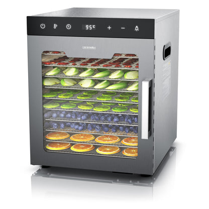 Arendo - Stainless steel dehydrator 8-fold - 500 watts with temperature control - dehydrator for food meat fruits fruit mushrooms - timer up to 24 hours - 8 compartments - GS - dehydratork